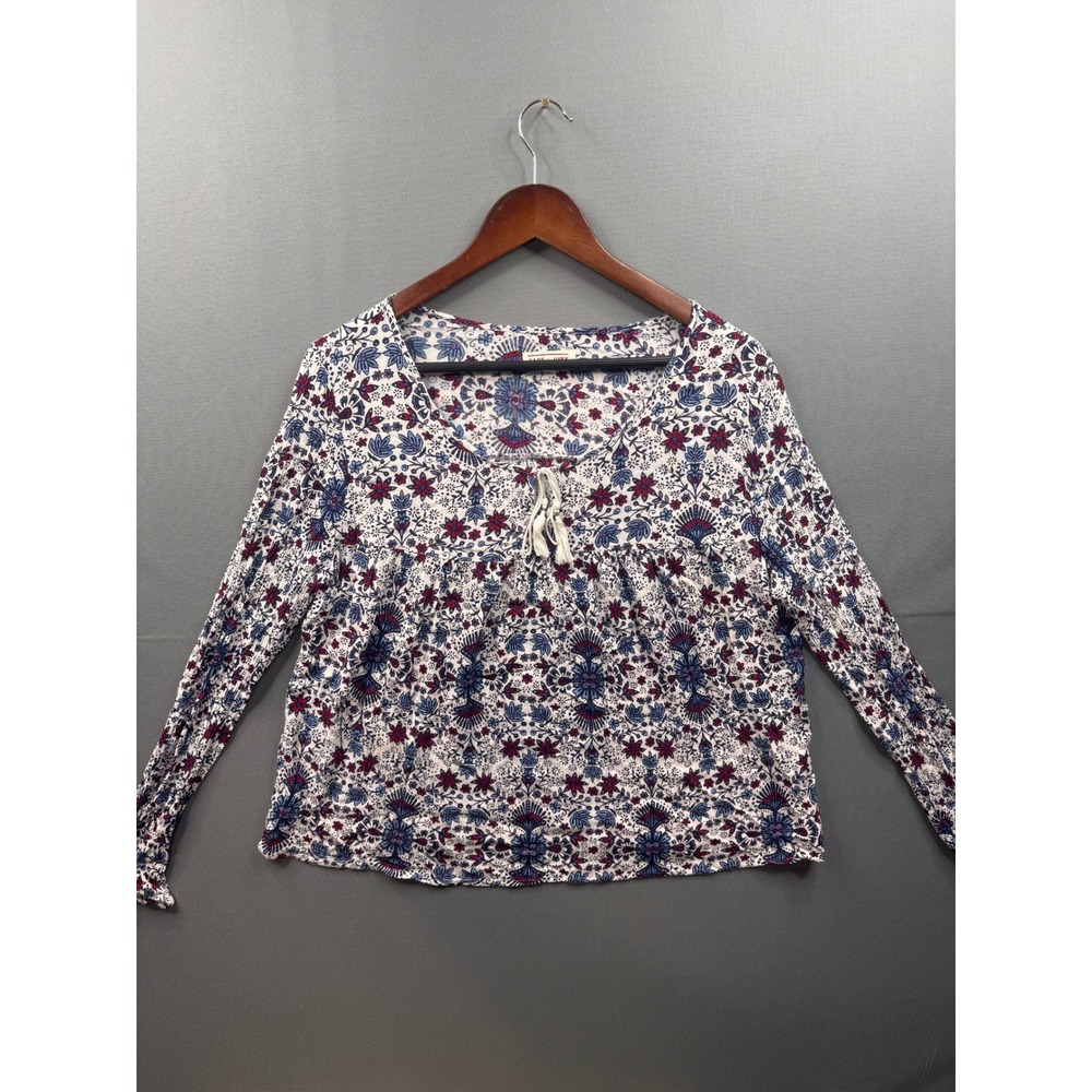 Cape Juby Womens XL Floral Medallion Boho Peasant Top Long Sleeve Blue Burgundy